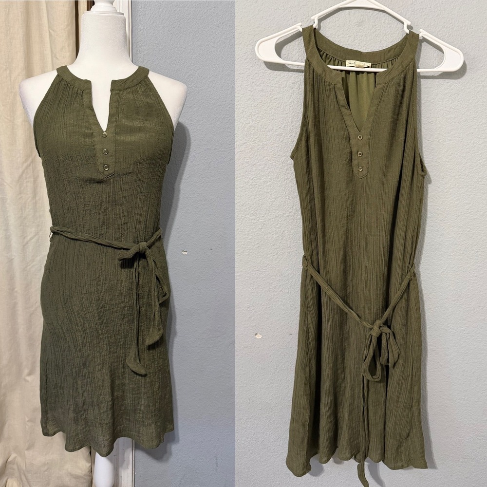 Indigo Rose Halter Dress M Olive Green Crinkle Sleeveless Tie Waist Boho Cottage
